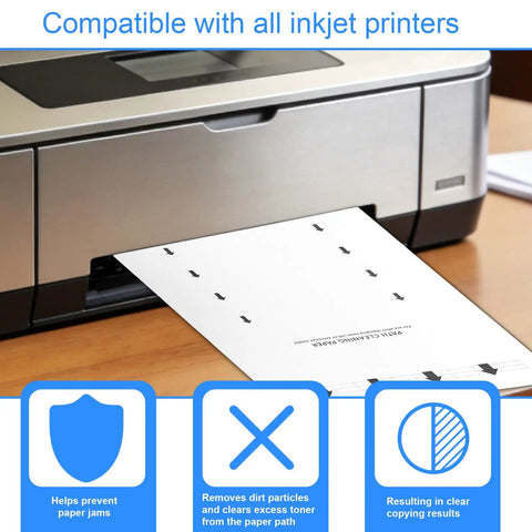 30 Pack Printer Cleaning Sheets 11.2 X 8.26 In use in inkjet printer, showing sheet exiting and benefits of cleaning kit visible.