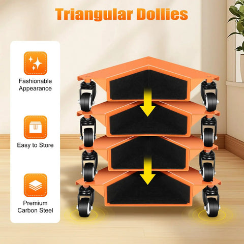 Heavy Duty Furniture Mover Dolly Set Of 4 stacked triangular dollies made of premium carbon steel with wheels.