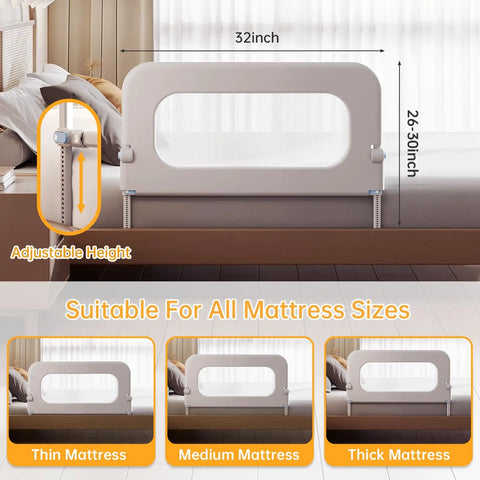 Toddler Bed Rail Guard With 14 Height Adjustable And Swing Down Design For Extra Tall Child Safety On Queen King Twin And Bunk Beds Easy Fold No Fuss One Click Setup For Safer Sleep shown on bed.