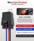 Built-in diode on 12V DC relay with red, blue, white, black wires; part of a Five Pack Four Pin Forty And Thirty Amp Waterproof Relays kit.