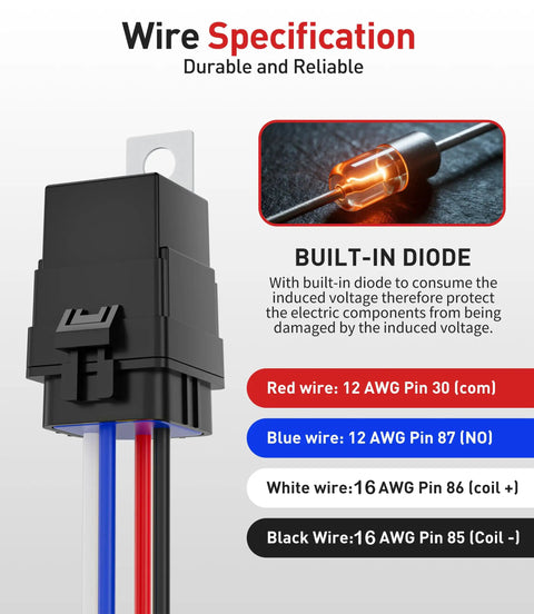 Built-in diode on 12V DC relay with red, blue, white, black wires; part of a Five Pack Four Pin Forty And Thirty Amp Waterproof Relays kit.