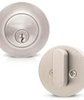 Single Cylinder Satin Nickel Deadbolt With ANSI Grade 3 Certified Security Anti Pick Anti Bump Technology Adjustable Latch Easy Do It Yourself Installation Durable Heavy Duty Lock SmartKey Rekeying Ready shown front and back