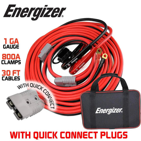 Jumper Cables 30 Feet 1 Gauge 800 Amp With Permanent Installation Kit And Quick Connect Plug visible against white background.
