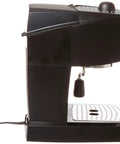 15 Bar Espresso And Cappuccino Machine With Manual Frother Wand And Compact Black Housing side view on countertop.