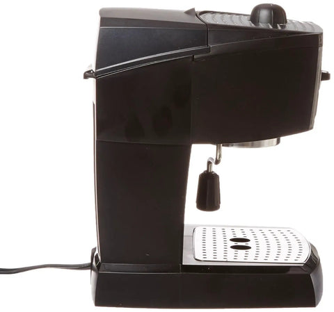 15 Bar Espresso And Cappuccino Machine With Manual Frother Wand And Compact Black Housing side view on countertop.