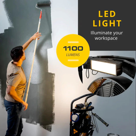 Man painting wall with Heavy Duty 300 Lb Hand Truck That Converts To A 5 In 1 Mobile Workshop With Built In 3 Speed Fan And LED Light nearby
