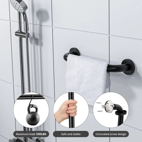 Two Pack 12 Inch Matte Black Shower Grab Bars Stainless Steel Wall Mount Safety Hand Rail for Bathroom Aid shown with towel