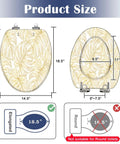 Elongated Vintage luxury seamless floral golden monstera leaves Toilet Seat size dimensions with measurements displayed.