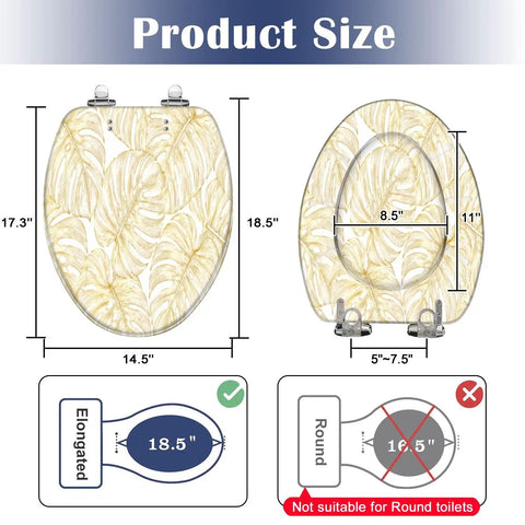 Elongated Vintage luxury seamless floral golden monstera leaves Toilet Seat size dimensions with measurements displayed.