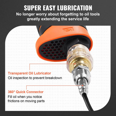 Half Inch Air Impact Wrench With 1400 Ft-Lbs Torque, Ultra Lightweight 4.6 Lbs, close-up of 360° Quick Connector and lubricator