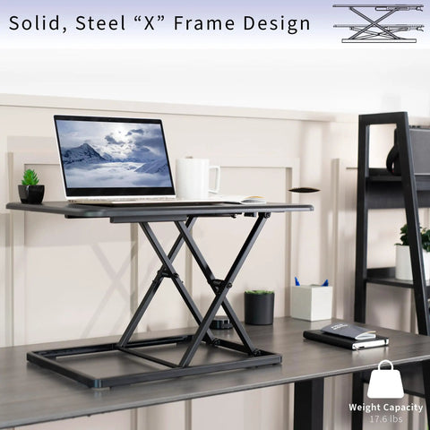 Ultra Slim Single Top Standing Desk Riser Height Adjustable Sit Stand Converter with laptop on steel desk accessory in office