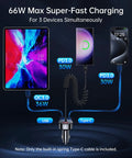 Heavy Duty Usb C Car Charger With Six Foot Coiled Cable And Smart Power Switch To Halt Battery Drain While You Rapidly Juice Up Phones Smoothly On Every Daily Commute, charging three devices simultaneously with 66W output.