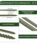 Diagram showing Tough-As-Nails Heavy-Duty Exterior Timber Screws with green coating, highlighting increased diameter and sawtooth threading.