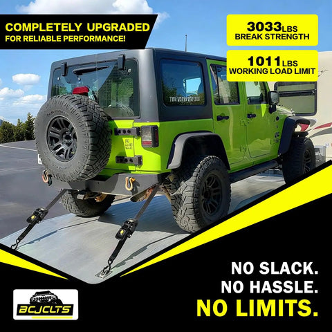 Heavy Duty Retractable Ratchet Straps Two Pack Tough As Nails Design secures cargo on a green truck with an upgraded system.