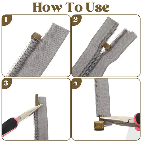 Steps showing how to use Zipper Repair Kit Set With 80 Bottom Stops, Insertion Pins And Sliders For Jackets And Coats, 4 Sizes And 4 Colors