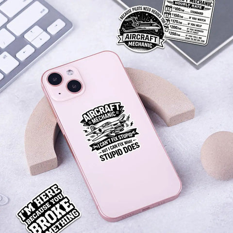 12 Piece Aircraft Mechanic Stickers Pack Dope Aviation Decals For Planes And Maintenance Techs on phone and keyboard.