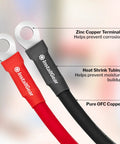 Heavy Duty 5 Gauge Battery Cables 10 Foot Red Black Power Cord Kit with zinc copper terminals and heat shrink tubing.