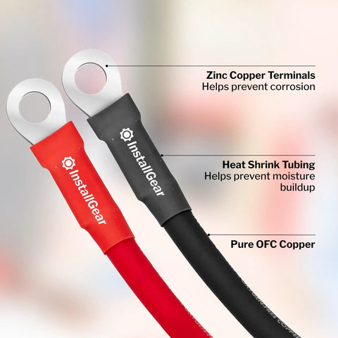 Heavy Duty 5 Gauge Battery Cables 10 Foot Red Black Power Cord Kit with zinc copper terminals and heat shrink tubing.