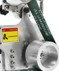 Close-up of Heavy Duty Bench Belt Sander 2X36 Inch showing aluminum oxide belt and caution label, used for woodworking and metal grinding.