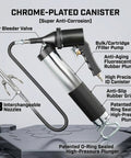 Heavy-Duty 6000 PSI Pneumatic Grease Gun with 18-inch hose, chrome-plated canister, quick-connect fittings shown
