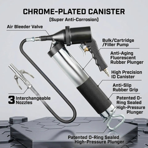 Heavy-Duty 6000 PSI Pneumatic Grease Gun with 18-inch hose, chrome-plated canister, quick-connect fittings shown