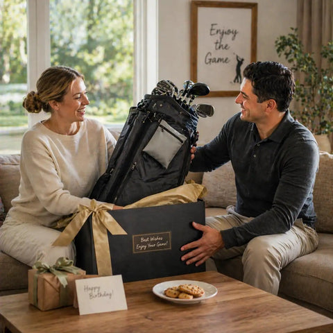 Couple with gift box and golf bag, focus on Two Pack Golf Tee Pouches With Clip, Grab And Go Nylon Zipper Bag for Tees and Markers.