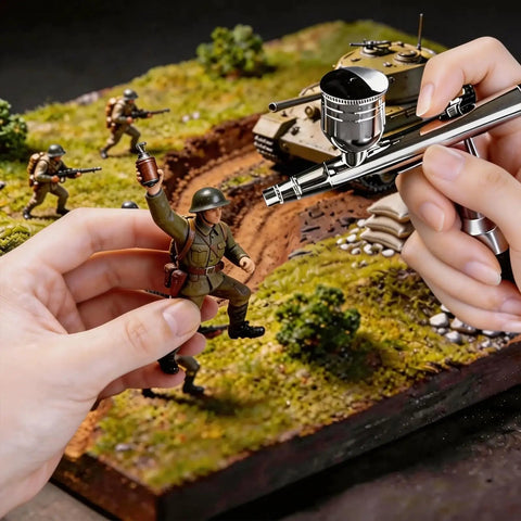 Pro Grade Airbrush Kit With Tough-Pressure Compressor, 55 Psi, used for model painting on miniature battlefield scene