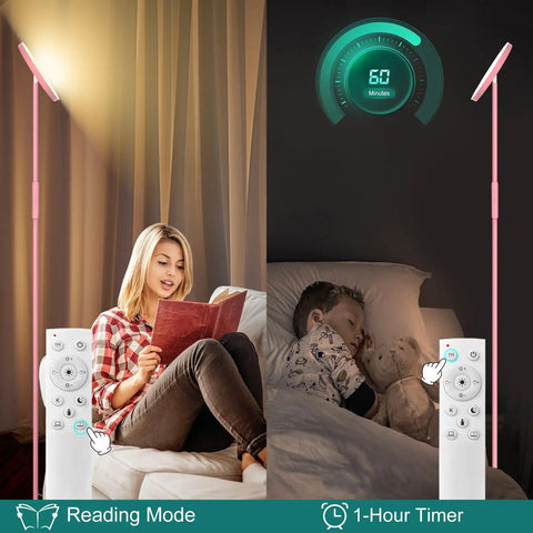 Dope Bright 40W LED Floor Lamp Torchiere with remote beside woman reading on couch and child sleeping; mood and timer settings shown