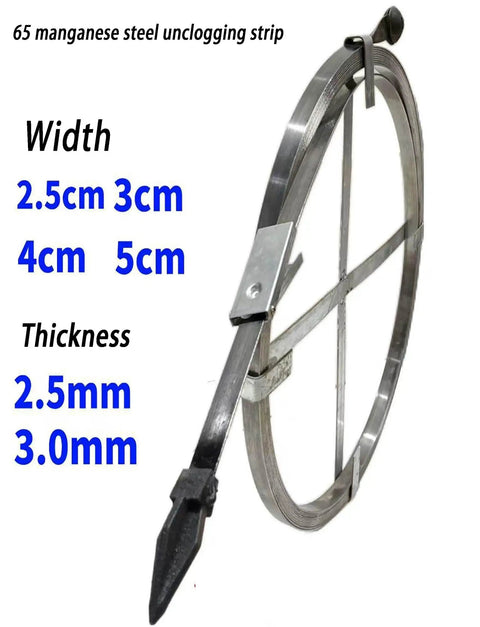 Heavy-Duty Sewer Drain Snake For Clogged Pipes And Main Lines Rock-Solid Flat Steel Cleaning Rod with a sharp unclogging strip.