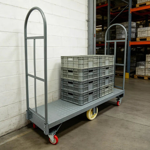 Heavy Duty 2000 Lb Platform Cart With Rails, 60.5 Inch Flatbed Workhorse For Warehouses And Garages, Rust Resistant Steel Frame, High Capacity Rolling Cart Built To Stand Up To The Daily Grind, loaded with stacked crates