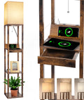 Must Have Floor Lamp With Shelves For Living Room And Bedroom, USB Ports A And C, Smart Wireless Charger, AC Outlets, Built In Drawer