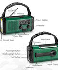 Dual view of Hand Crank Emergency Radio With NOAA Weather Radio AM FM, featuring dials, buttons, solar panel, and handle