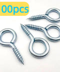 Beefy Heavy Duty Eye Screws Hooks Set 100Pcs 1 Inch Self Tapping Screw Eyes 304 Stainless Steel For Indoor And Outdoor Hanging Artwork Ropes Plants Decor And Quick Fixes shown on a white background.