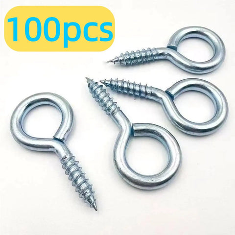 Beefy Heavy Duty Eye Screws Hooks Set 100Pcs 1 Inch Self Tapping Screw Eyes 304 Stainless Steel For Indoor And Outdoor Hanging Artwork Ropes Plants Decor And Quick Fixes shown on a white background.