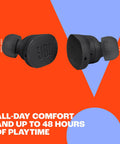 Tune Buds True Wireless Earbuds With Noise Cancellation And Pure Bass Sound Bluetooth Five Point Three showcased on red and blue background.