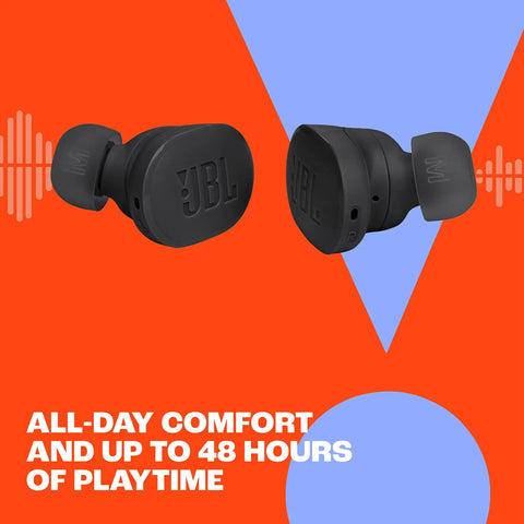 Tune Buds True Wireless Earbuds With Noise Cancellation And Pure Bass Sound Bluetooth Five Point Three showcased on red and blue background.