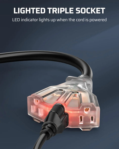 Heavy Duty 24 Inch 12 Gauge Indoor Tri Tap Extension Cord With LED Lighted Plug showing LED indicator and triple socket