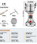 Components and specifications of the Ultra Fast 1500W Electric Grain Mill Grinder For Dry Grains Spices Coffee Corn Pepper, 300g Capacity