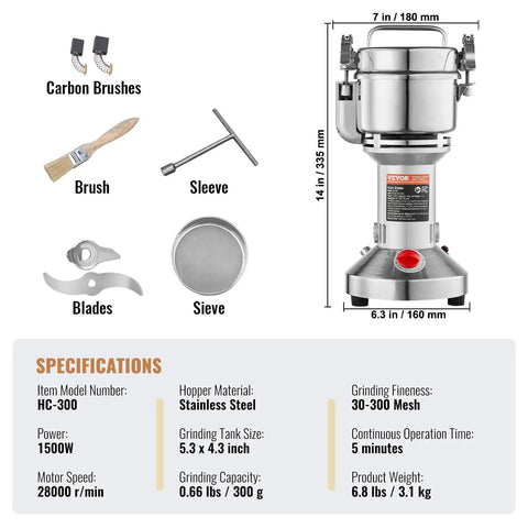Components and specifications of the Ultra Fast 1500W Electric Grain Mill Grinder For Dry Grains Spices Coffee Corn Pepper, 300g Capacity