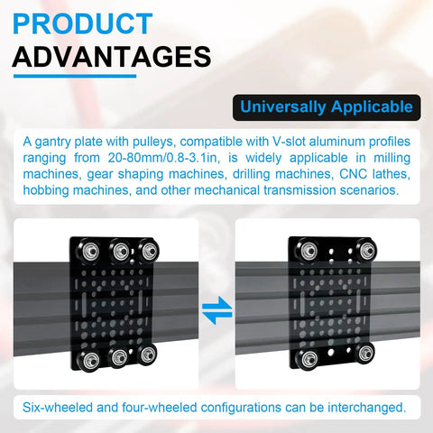 No Sweat 2080 V Slot Gantry Plate Kit 2 Pack Ready To Roll Build Featuring Slick Pom Pulley Wheels Integrated With Industrial Grade Precision Steel Bearings on V-slot aluminum profile.
