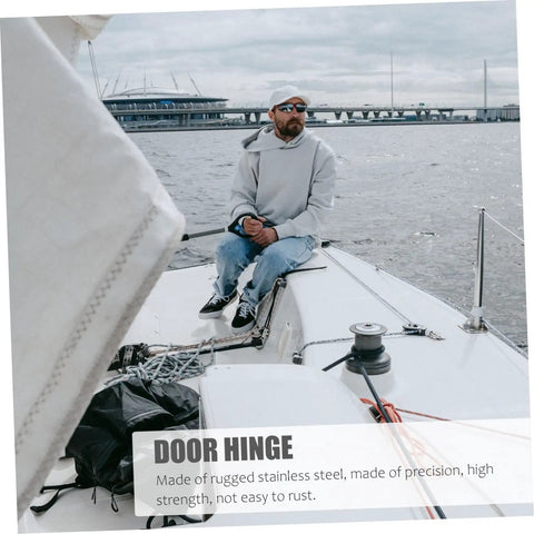 Person sitting on boat deck, visible Heavy Duty 316 Stainless Steel Mirror Polished Yacht RV Door Hinges Two Pack Thickened Butt Cabinet Hinges.