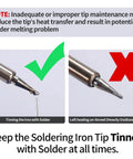 Image showing soldering iron tip maintenance comparison with tinned and untinned tips, promoting better heat transfer and tip care.