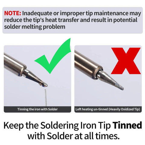 Image showing soldering iron tip maintenance comparison with tinned and untinned tips, promoting better heat transfer and tip care.
