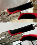 7.5 Inch Heavy Duty Locking Pliers With Screw Extractor And Curved Jaws, Quick Release, in use on metal surface