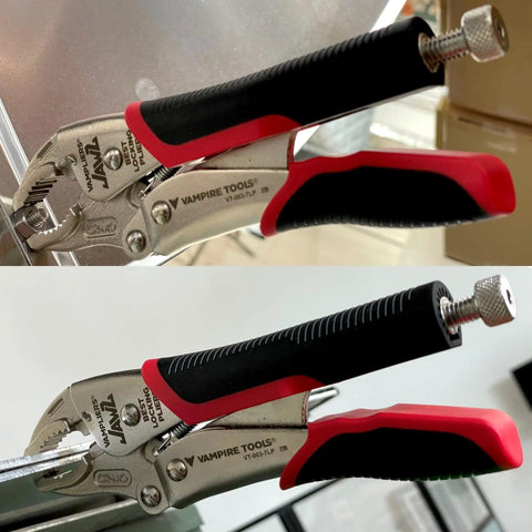 7.5 Inch Heavy Duty Locking Pliers With Screw Extractor And Curved Jaws, Quick Release, in use on metal surface