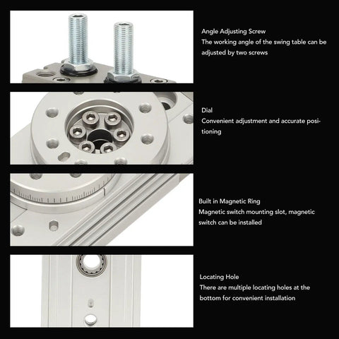 Heavy Duty Pneumatic Air Cylinder With 190 Degree Adjustable Rotating Arm Aluminum Alloy Body showing angle adjustment screws, dials, and locating holes