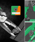 Needle Nose Pliers Electrician Pliers All In One 9 In One Wire Stripper Cutter Crimping Tool For Clamping Tightening Screws Stripping Wires Cutting Cables And Iron Wire Built In Blade For DIY Pros with flower tooth design and labor-saving spring in green and silver, showing close-up of jaws, spring, and safety lock.