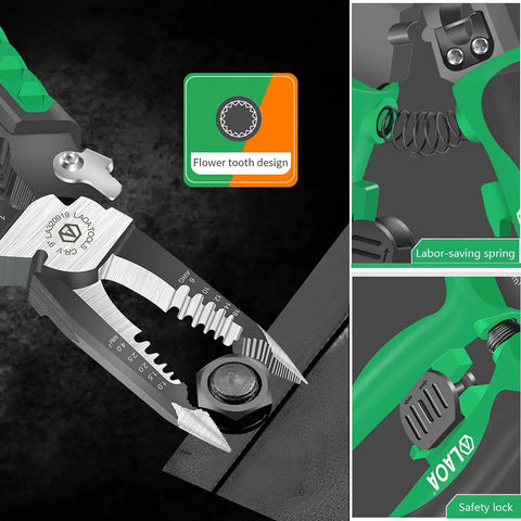 Needle Nose Pliers Electrician Pliers All In One 9 In One Wire Stripper Cutter Crimping Tool For Clamping Tightening Screws Stripping Wires Cutting Cables And Iron Wire Built In Blade For DIY Pros with flower tooth design and labor-saving spring in green and silver, showing close-up of jaws, spring, and safety lock.