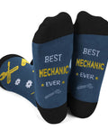 Mechanic Socks Gift Set For Men And Women featuring 'Best Mechanic Ever' text, car tools prints, in blue and black cotton.