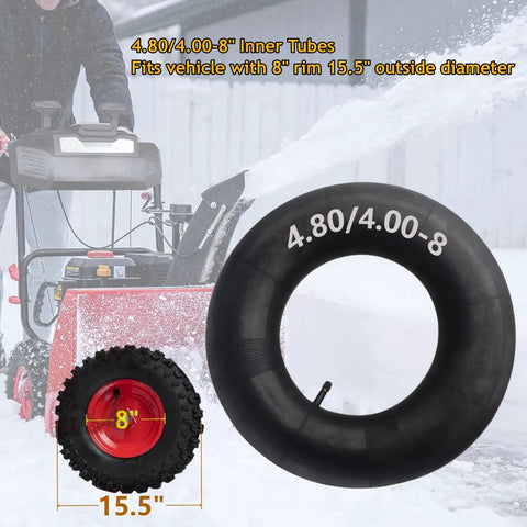 Inner Tube For 4.80 4.00 8 Inch Tires Beefy Heavy Duty Fit For Wheelbarrows Lawn Mowers Tillers Unicycles Garden Carts And More Durable Straight Bead Valve For Utility Tractors And Garden Tools displayed in front of snowblower.